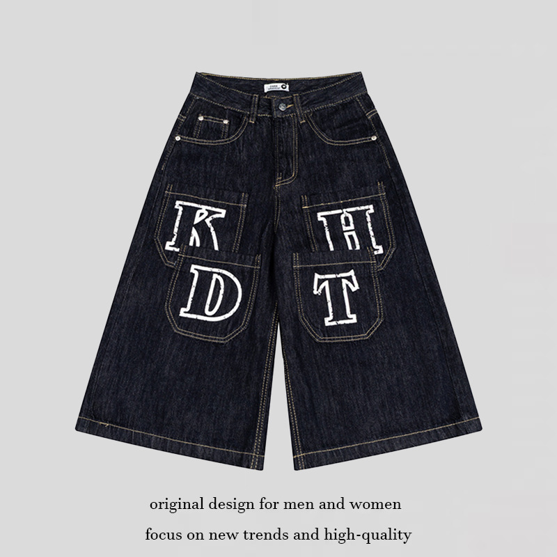 Unisex Vintage American Style Denim Capri Pants With Multi-Pockets, Relaxed Fit Straight Leg Wide Cuff For Summer_viptrois.com