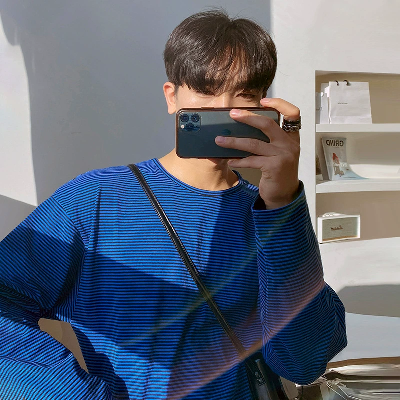 Мужская футболка MYQ с длинными рукавами, модная свободная футболка в полоску в Корейском стиле в японском стиле, отличительная модная Базовая рубашка в стиле ретро