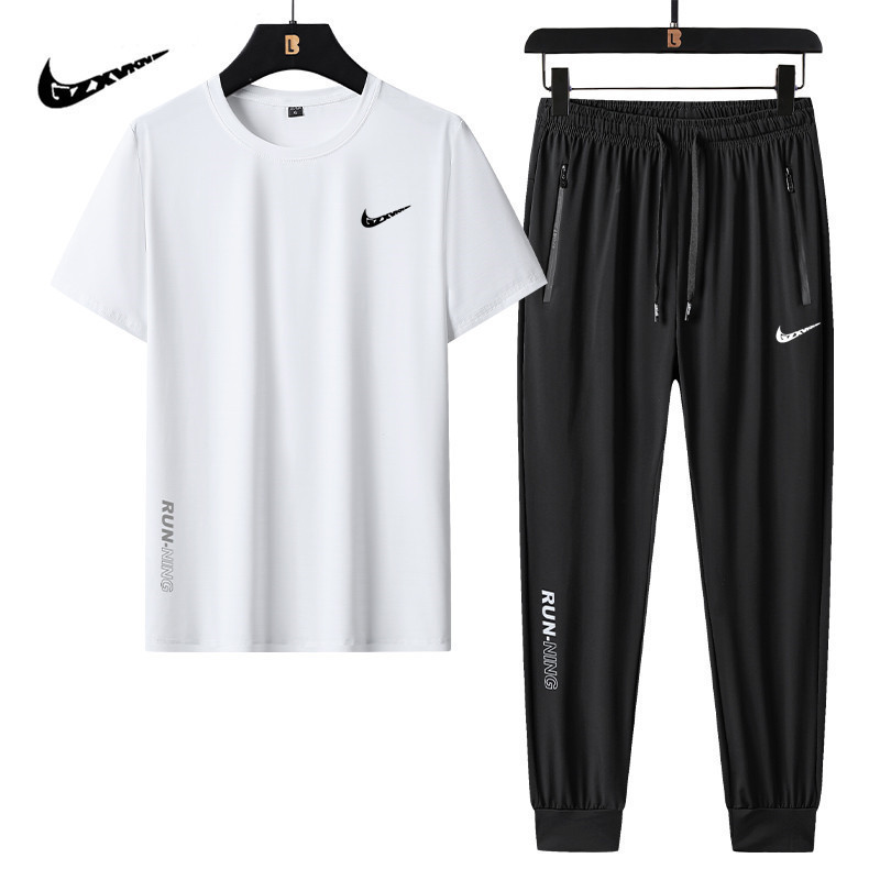 Summer New Casual suit Men's Thin Breathable Elastic Ice Silk Sportswear Short-sleeved Trousers Men's Two-piece Set