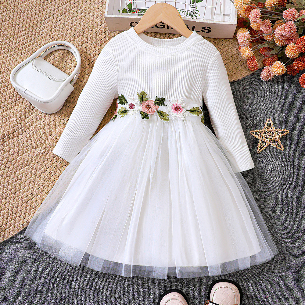 Vêtements pour enfants EW Nouveau produit pour filles Printemps et automne Robe en maille à manches longues en tricot fleuri Q1391-C_voghion.com