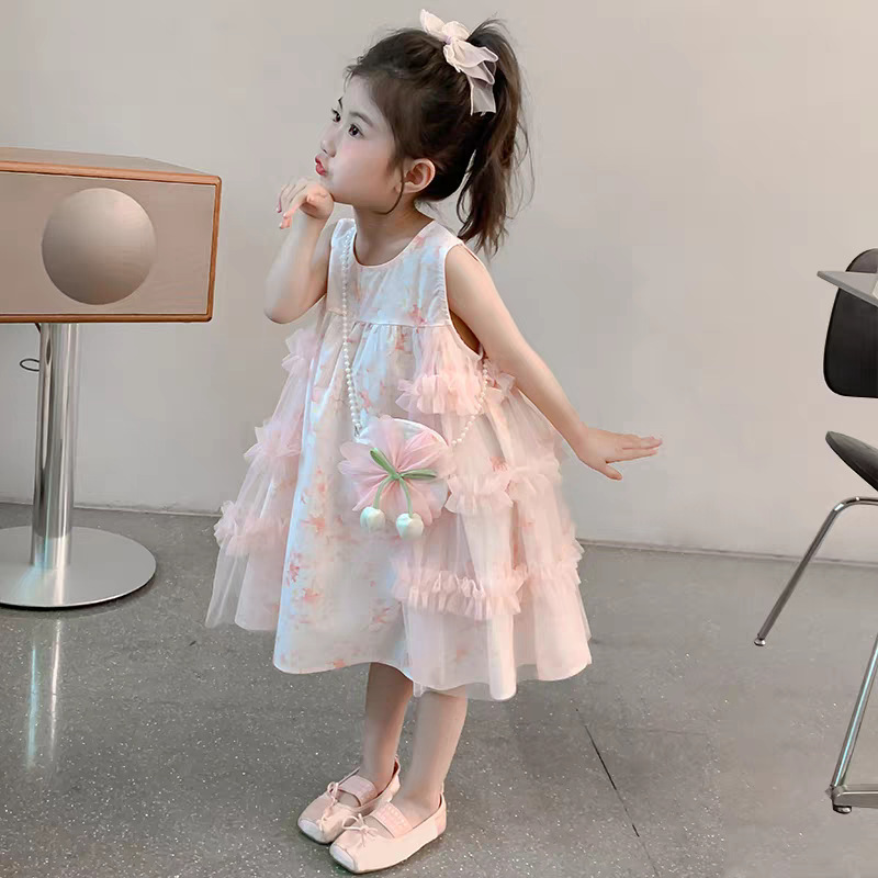 Girls Dress Summer New Style Korean Style Floral Little Girl Mesh Princess Dress Baby Girl Vest Dress