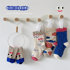 秋冬新款可愛卡通拼色塗鴉字母兒童襪男女童短襪寶寶襪子組合潮范