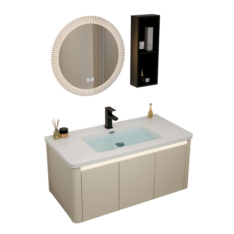 Armario de baño de esquina redondeada de aluminio espacial, combinación de lavabo de cerámica integrado, balcón, lavabo, lavabo, piscina de mesa de lavado