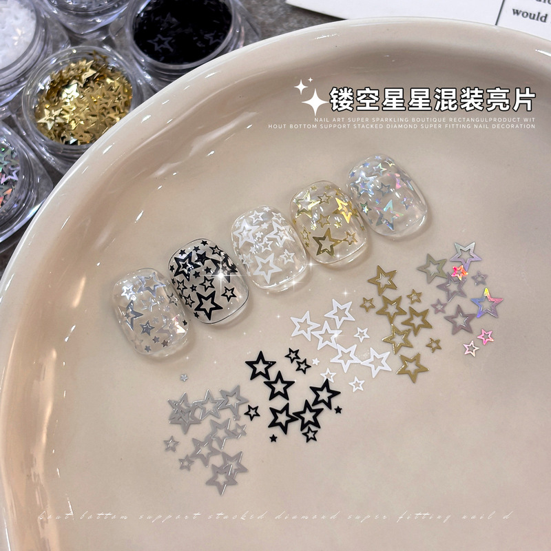Nail art decorations hollow five-pointed star sequins mixed sizes ins sparkling black and white laser star nail sequins Nail art decorations hollow five-pointed star sequins mixed sizes ins sparkling black and white laser star nail sequins
