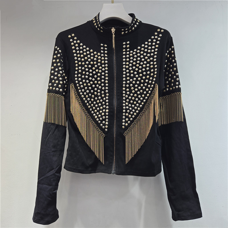 Europa y América de la industria pesada remaches con bordas Cardigan chaqueta de mujer de estilo extranjero cuello elástico delgado corto americano chaqueta caliente