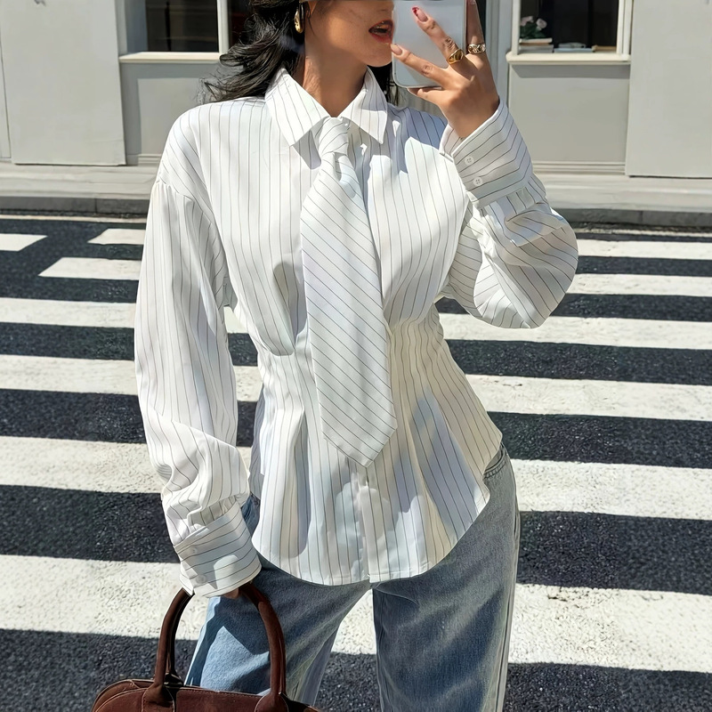 Women's Vertical Striped Long-Sleeve Shirt with Detachable Decorative Tie, Slim-Fit Waist-Cinching Blouse for Commuting, Parties, and Casual Wear Women's Vertical Striped Long-Sleeve Shirt with Detachable Decorative Tie, Slim-Fit Waist-Cinching Blouse for Commuting, Parties, and Casual Wear