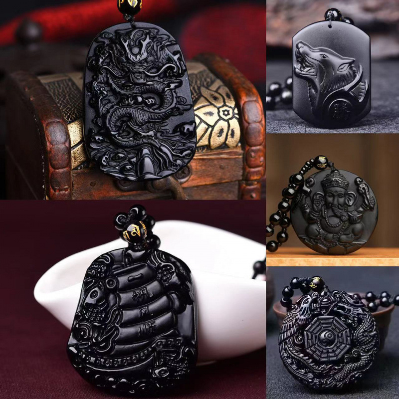 Glass Imitation Obsidian Wolf Head Dragon and Phoenix Bagua Pendant Ruyi Elephant Guanyin Buddha Necklace Manufacturer Direct Supply Pendant