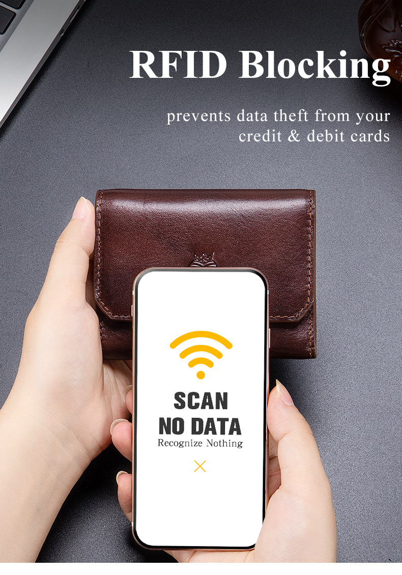 Ví nam ngắn da thật cổ điển chống trộm RFID — Màu nâu, màu đen, màu nâu đỏ chi tiết 15