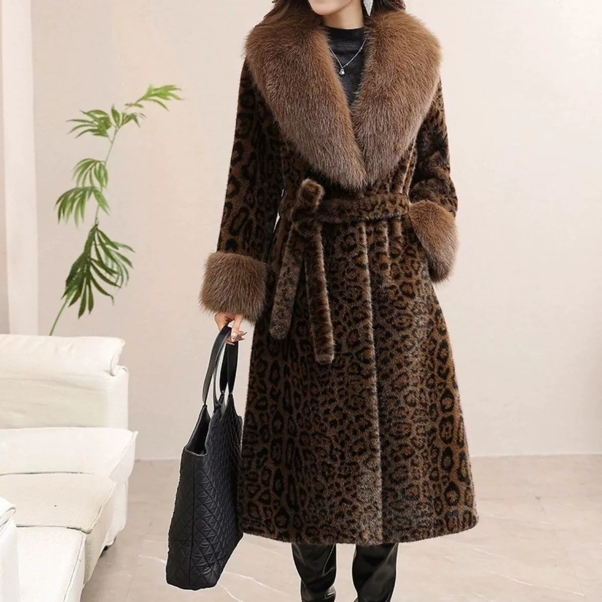 Women's Winter Long Coat, Leopard Pattern Mid-Length, Belted, Sizes L–4XL