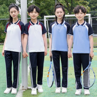 夏秋新品小学蓝色校服短袖中学生套装夏季班服宽松两件套团购定制