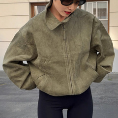 跨境欧美休闲翻领麂皮绒外套女2025冬季新款宽松绿色夹克上衣女装