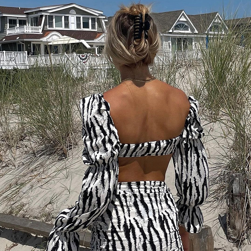 backless long-sleeved slit high waist wrap chest zebra print top and skirt suit NSHTL134601