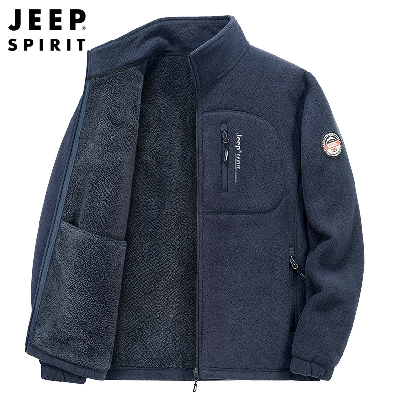 Jeep Casual Fleece Jacket for Men, Autumn and Winter Style, Fleece Cardigan, Loose Fit, Middle-Aged Men's Stand Collar, Warm 6159