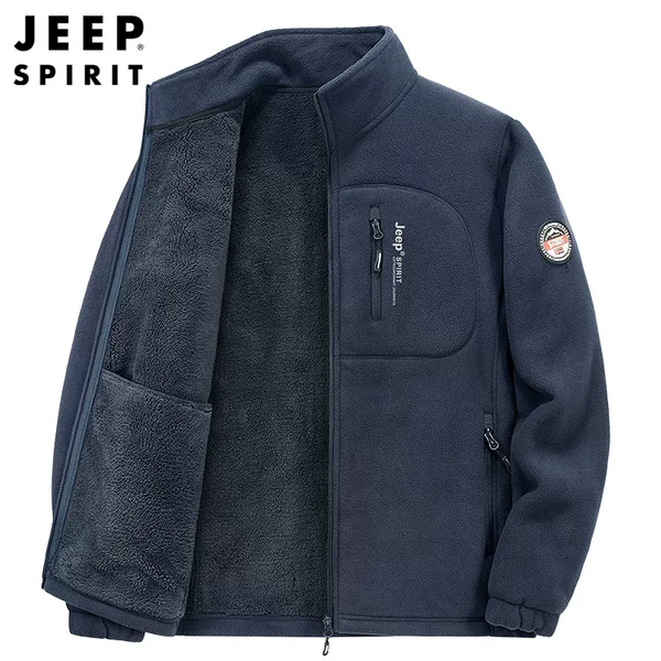 Jeep Casual Fleece Jacket for Men, Autumn and Winter Style, Fleece Cardigan, Loose Fit, Middle-Aged Men's Stand Collar, Warm 6159