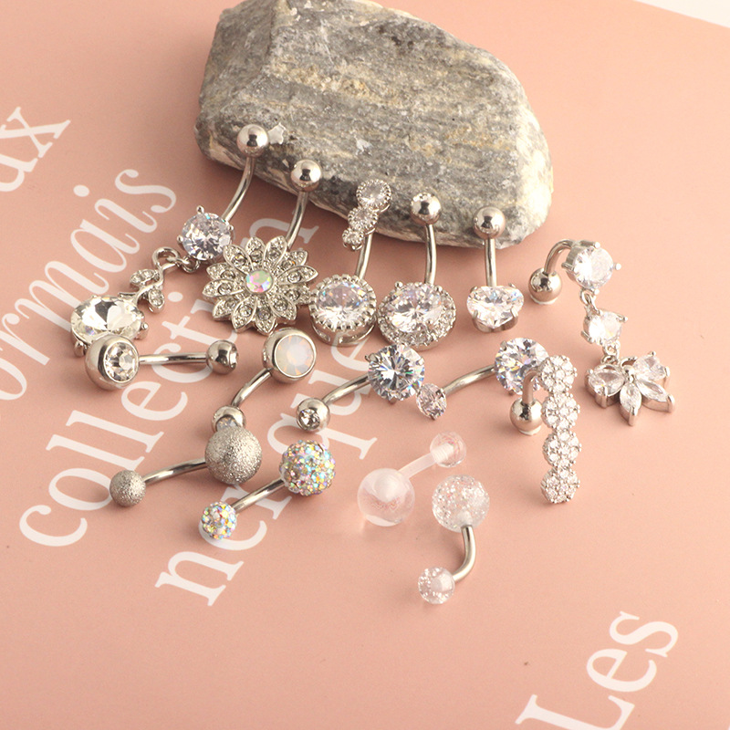 Cross-border Hot New Zircon Navel Ring Stainless Steel Double-Headed Heart-Shaped Diamond-Embedded Belly Button Piercing Jewelry 15 Pieces detail image 7