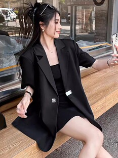 Thin Suit Jacket for Women 2025 New Large Size Summer Right Shoulder Short Sleeve Ol Professional Mid-Length Satin Suit
