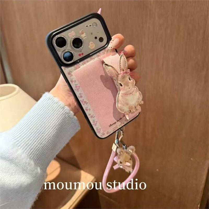 Rabbit wristband with floral pattern is suitable for iPhone 17 PRO MAX case, new model 16/15, raised design 14/13