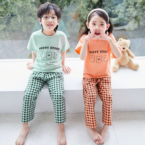 Summer children's home clothes set Lycra cotton pajamas big children short-sleeved trousers boys and girls pure cotton loose air-conditioned clothes