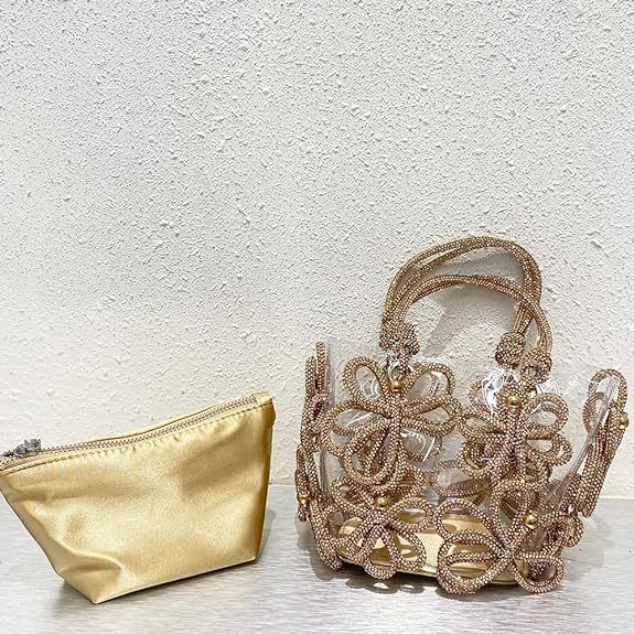 Women's Rhinestone Flower Bucket Bag Luxury Handmade Evening Handbag_voghion.com