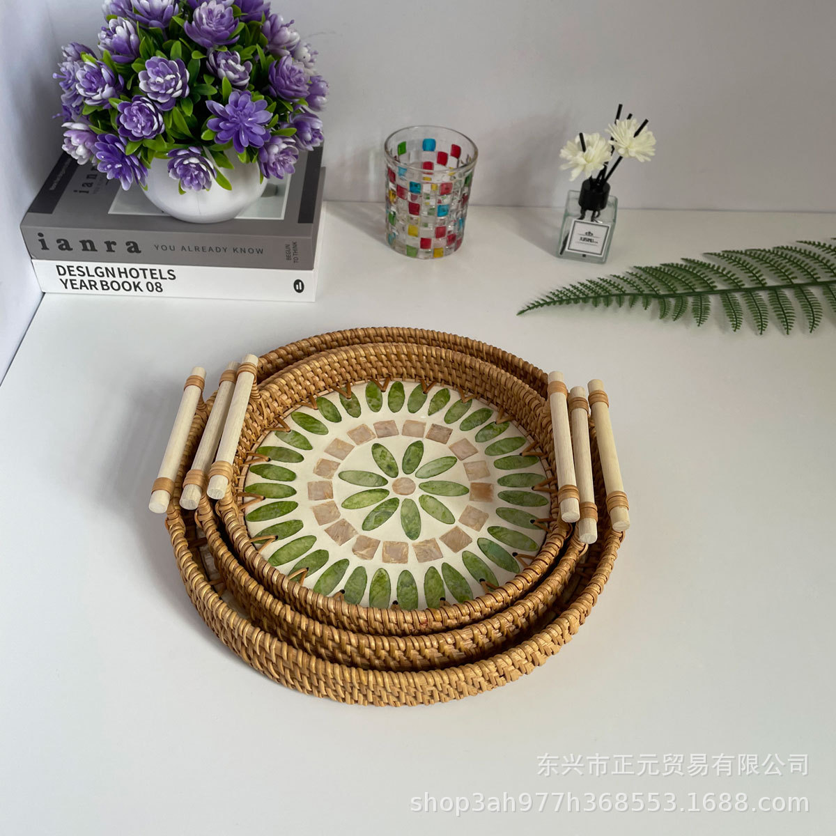 Vietnam ratán tejido Shell bandeja color Shell tejido merienda cesta de almacenamiento merienda bandeja fruta pan té bandeja