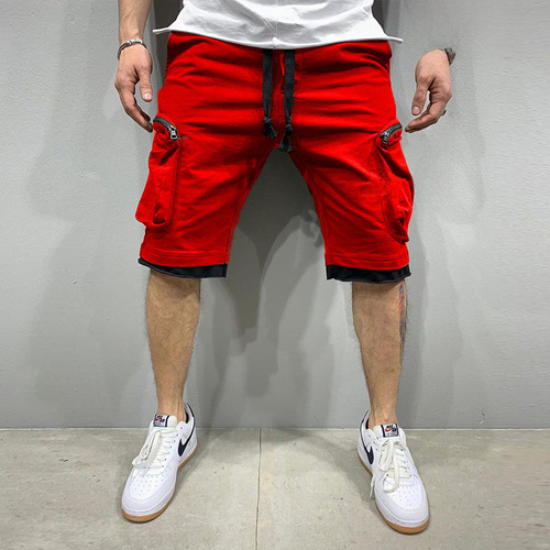 Summer New Men's Fitness Shorts with Multiple Pockets, Sporty Casual Hip-Hop Laced Work Pants, Five-Pocket Shorts