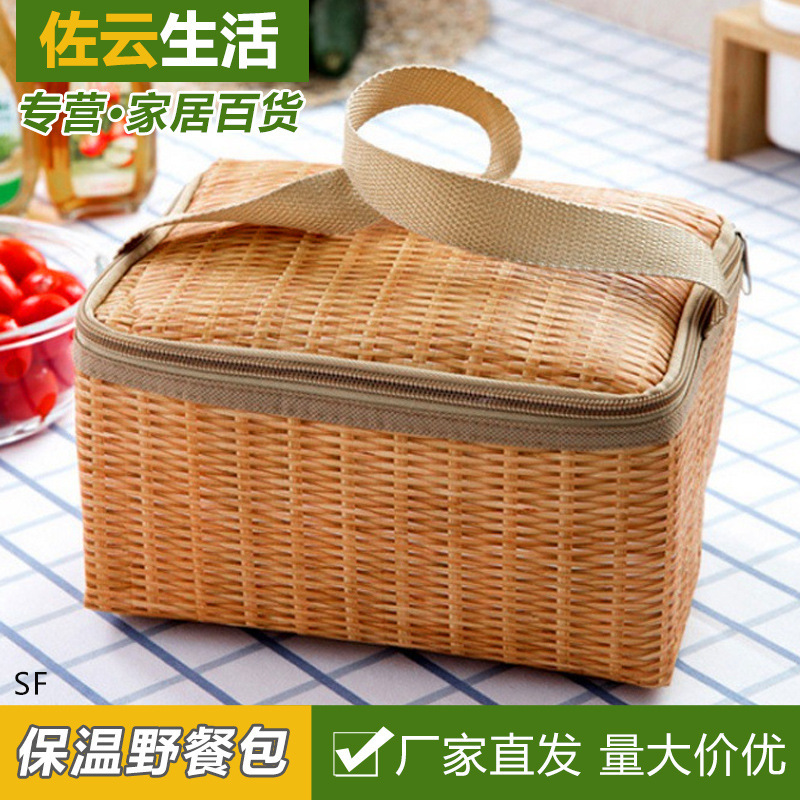 日式仿藤保温包便当饭盒手提包手拎布袋学生午餐包户外防水野餐包