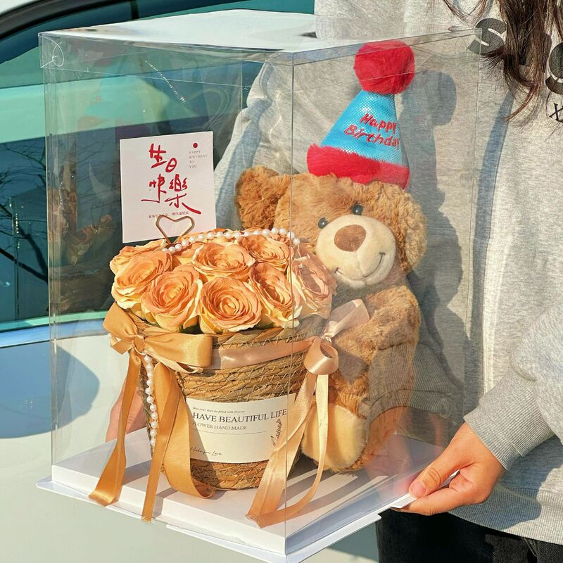 520 Valentine's Day Eternal Rose Artificial Soap Flower Bouquet Bear Hug Bucket Gift for Girlfriend or Best Friend's Birthday