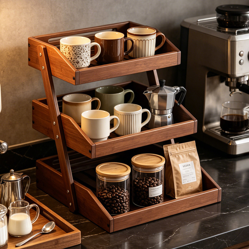 Solid Wood Desktop Storage Tea Cup Rack, Antique Style Black Walnut Multi-Layer Tea Set Storage Rack, Coffee Cup Rack Display Rack