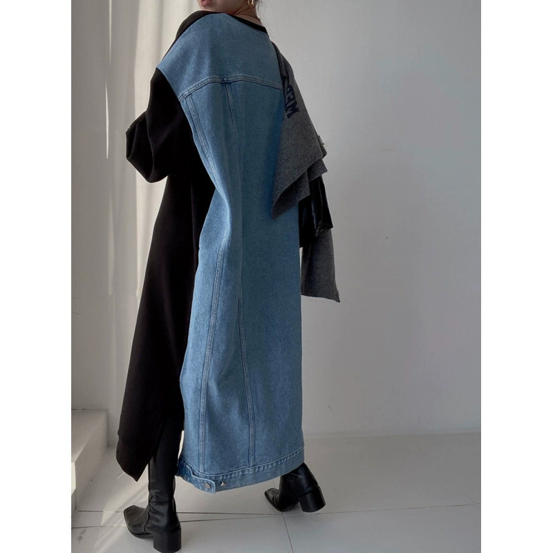 В наличии корейское шикарное повседневное универсальное лоскутное джинсовое платье с буквенным принтом, свободное платье-толстовка с длинными рукавами