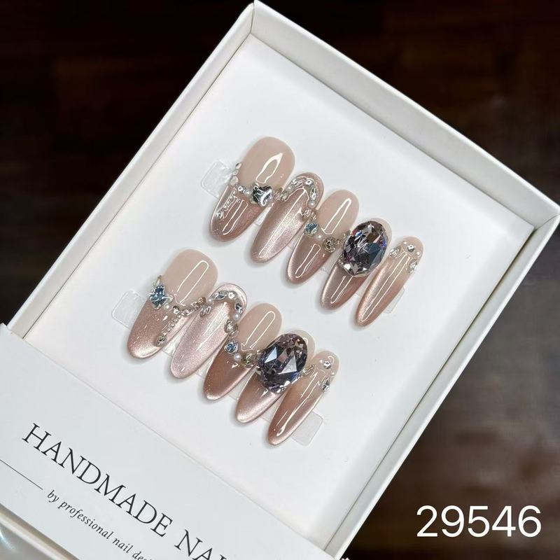 【純手作りのつけ爪29-32】ロングフレンチキャットアイパッチ付け爪、取り外し可能なネイルアートコレクション|undefined
