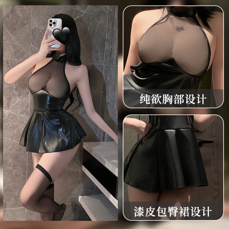 Sexy Underwear Sexy Transparent Sheer Cloth Stitching PU Pleated Skirt Mini Neck Leather Skirt ol Uniform Temptation Sexy Underwear Sexy Transparent Sheer Cloth Stitching PU Pleated Skirt Mini Neck Leather Skirt ol Uniform Temptation