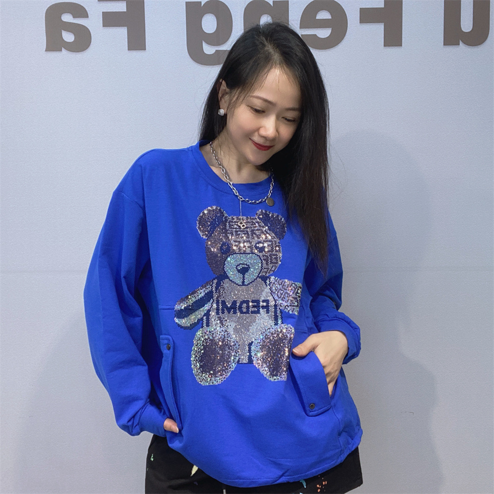 Sudadera de Manga Larga con Cuello Redondo para Mujer de Algodón con Pedrería para Uso Diario
