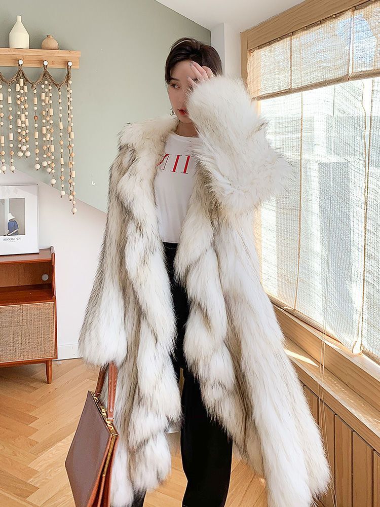 Womens Winter New Raccoon Fur Grass Coat Long Warm Woven Fox Fur