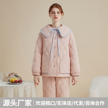 特厚保暖睡衣女冬季三层夹棉加厚加绒新款省服棉衣外穿家居服套装