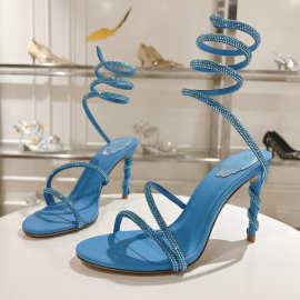 高级水钻蛇形缠绕细跟凉鞋2024新款法式黑色水晶鞋仙女凉靴高跟鞋