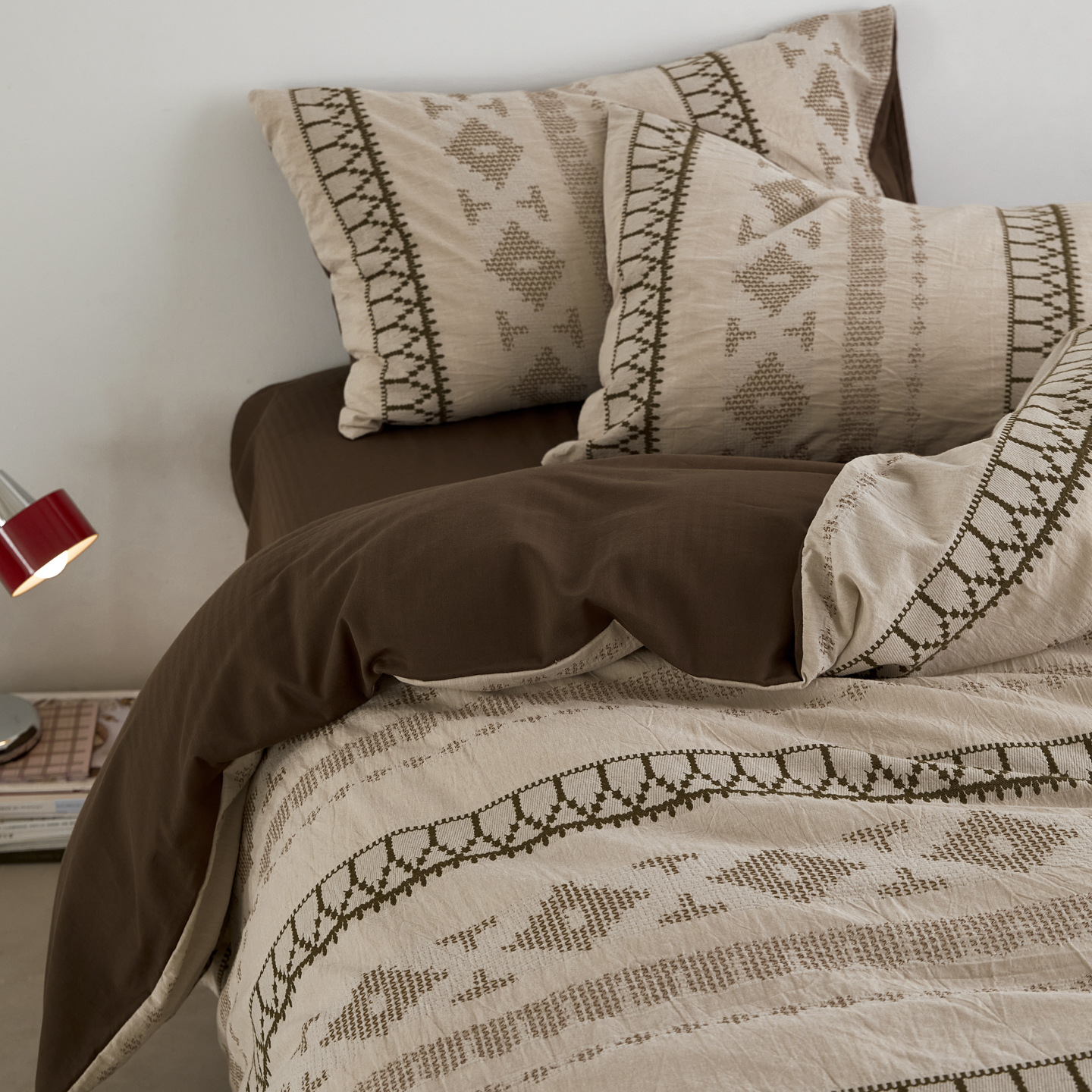 Conjunto de quatro peças minimalista retrô nórdico francês Fair Isle Story I, 100% algodão, capa de edredom jacquard tingida em fio, fronhas de algodão puro, lençol, Nor_voghion.com