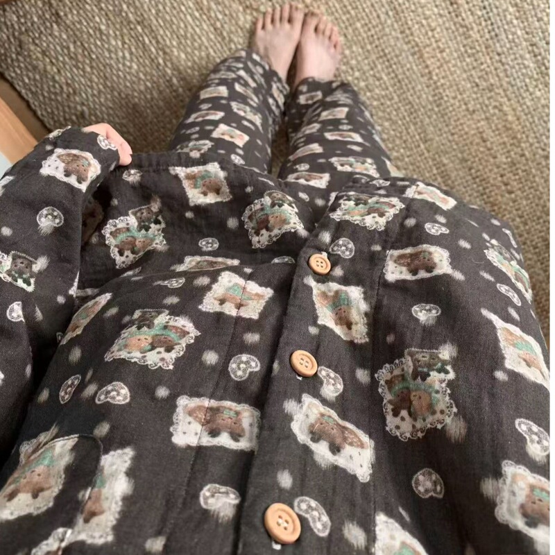 Imitation cotton deer print long-sleeve pajamas for women, spring and autumn 2026 new model, comfortable long pants home wear, collared home wear with a high-end feel Imitation cotton deer print long-sleeve pajamas for women, spring and autumn 2026 new model, comfortable long pants home wear, collared home wear with a high-end feel