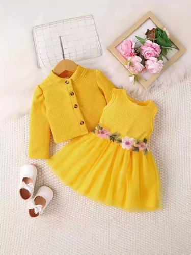 INS Baby Girl Waist Flower Design Splicing Net Fabric Dress Coat with Flower Embroidery