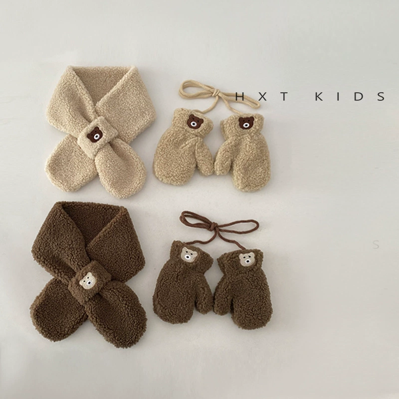 Детский шарф и перчатки, комплект из двух предметов, зимний шарф из овечьей шерсти, супер милый зимний детский теплый перекрестный шарф с медведем