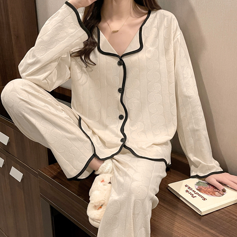 임신 한 여자의 잠옷 자카드 랙 면 봄과 가을 달 의류 V-넥 모유 수유 세트 산후 레저 가정 의류