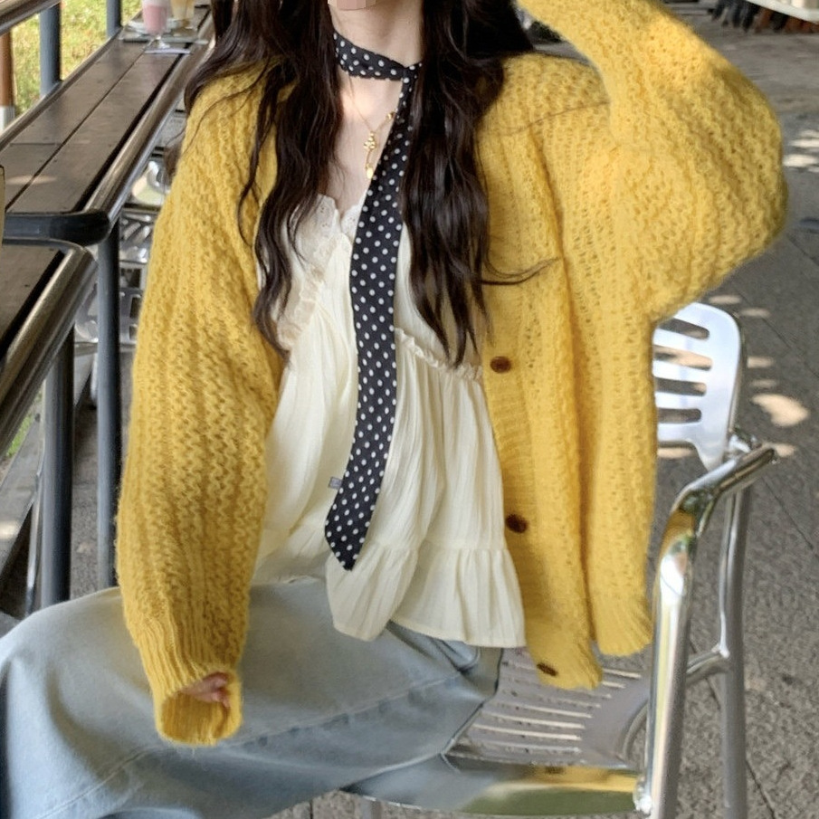 新款领宽松三色慵懒毛衣开衫女显瘦针织外套
