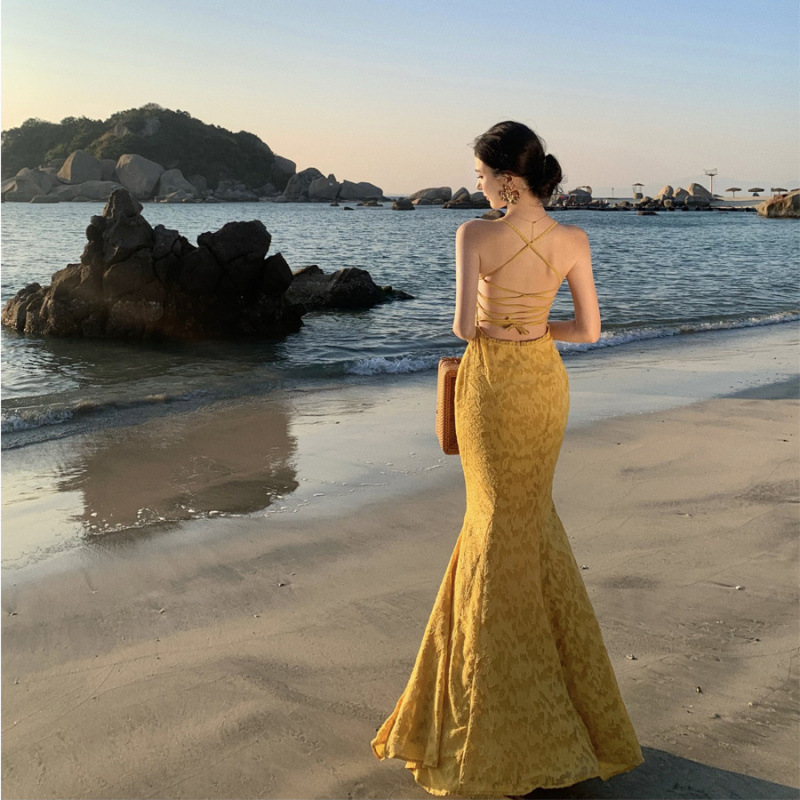 French Style Sexy Seaside Vacation Photographing Figure Strap Lace Embossed Jacquard Super Long Fishtail Dress dress