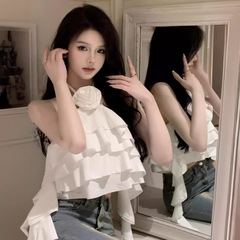 一字肩荷葉邊掛脖吊帶背心女夏季純欲甜辣妹性感無袖抹胸露背上衣