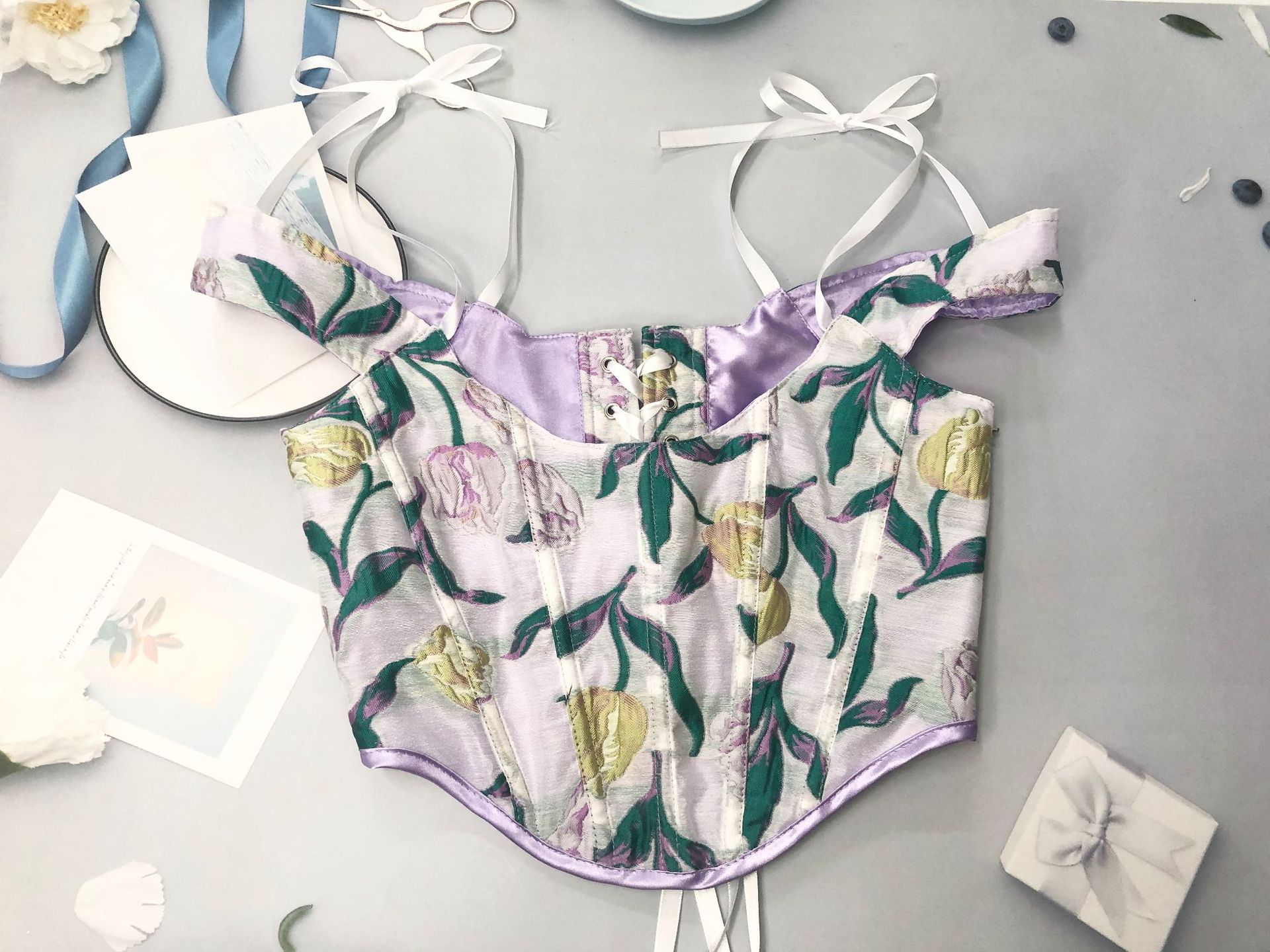 Tulip Light Purple Off-the-Shoulder Top Bow Strap Side Zip
