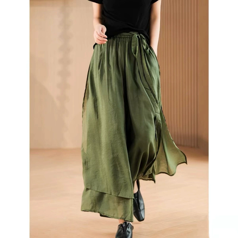 Новые женские брюки-кюлоты из лиоцелла весна-лето 2025, эластичная талия на шнурке, драпировка, элегантные широкие брюки из тенселя