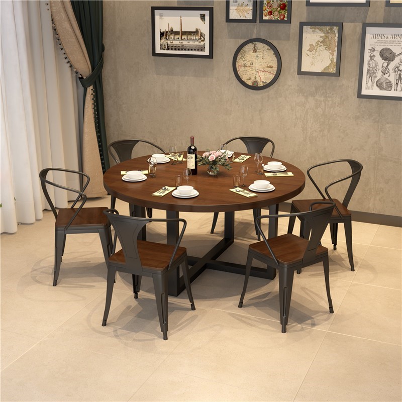 Nordic Bar Round Table Solid Wood Industrial Style Restaurant Restaurant Round Dining Table Old Iron Retro Coffee Table Bar