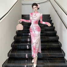 6525欧美跨境外贸女装复古印花旗袍裙长袖收腰紧身包臀开叉连衣裙