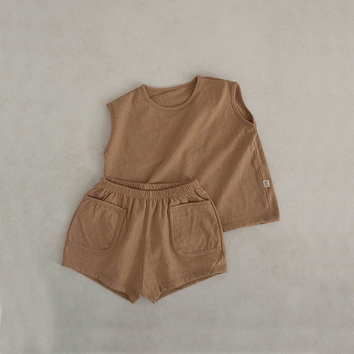Korean summer thin vest suit for infants and young children cotton pocket shorts simple baby cute sleeveless suit