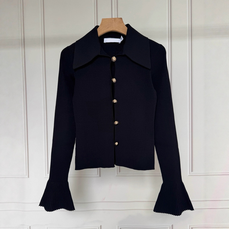 Sp2026 Early Spring Celebrity Style Sweet and Spicy Style Lapel Hollow Metal Button Pit Strip Design Knitted Cardigan Top for Women Sp2026 Early Spring Celebrity Style Sweet and Spicy Style Lapel Hollow Metal Button Pit Strip Design Knitted Cardigan Top for Women