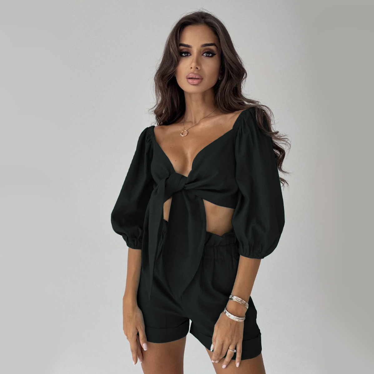 Lantern Sleeved Knotted Short Top & Wide Leg Shorts Set NSMDF104350